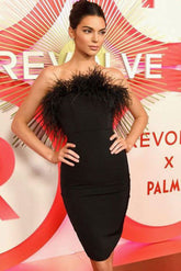 Kendall Jenner – Schwarzes, figurbetontes, trägerloses Partykleid mit Federn